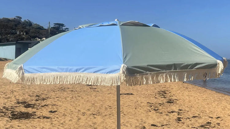 Hollie & Harrie Retro BLUE/SAGE Panel Fringe Beach Umbrella