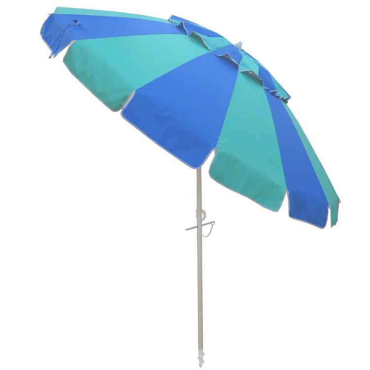 Carnivale 240cm beach umbrella with blue and turquoise panels, tilt feature, and self-anchoring sand auger for stable shade.