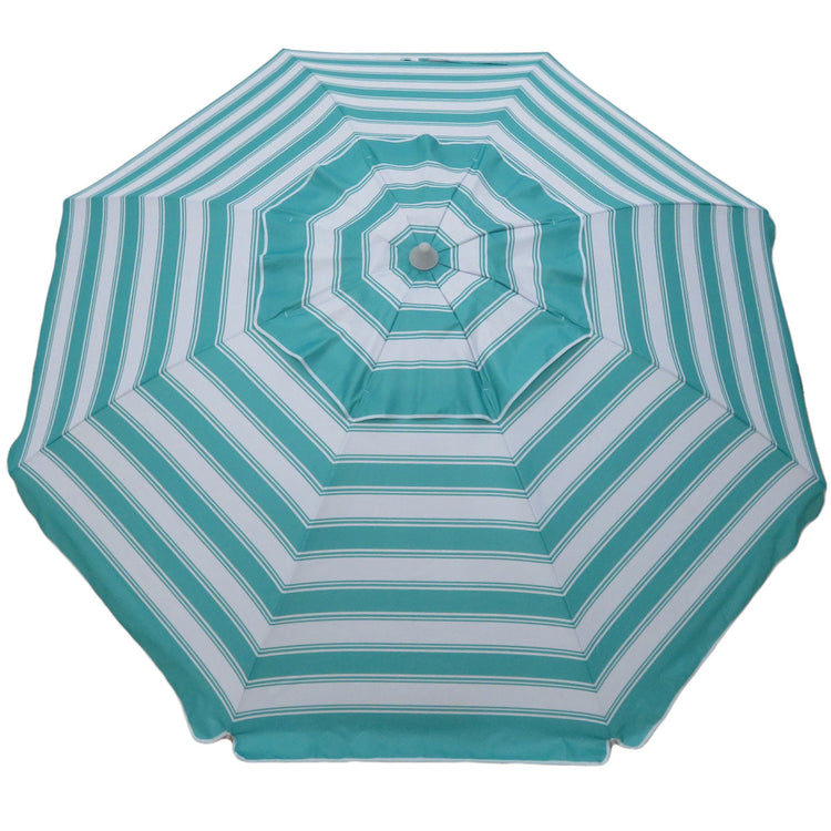 Daytripper 210cm Beach Umbrella in turquoise and white stripes with lightweight design and twist anchoring system
