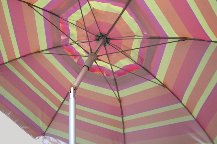 Daytripper 210cm beach umbrella with turquoise and white stripes, lightweight with twist anchor system