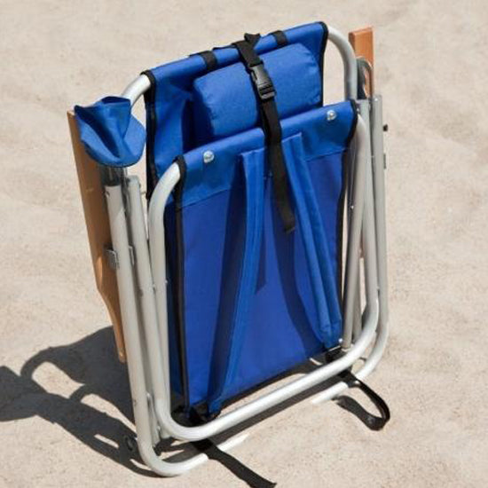 Wearever Backpack Chair royal blue foldable chair with aluminum frame and cup holder on sand