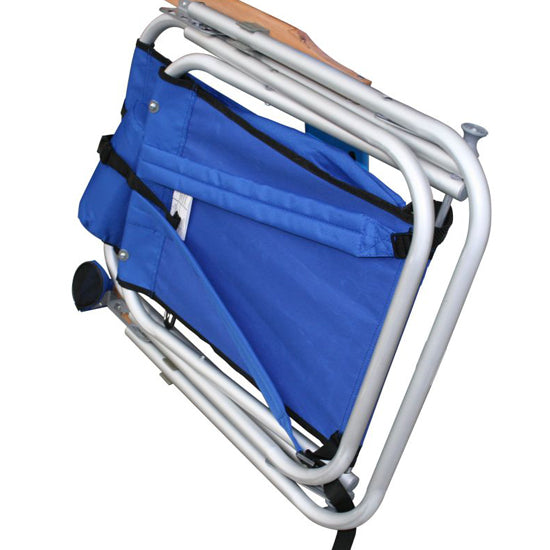 Wearever Backpack Chair folded with blue fabric and silver aluminium frame for portable outdoor seating.