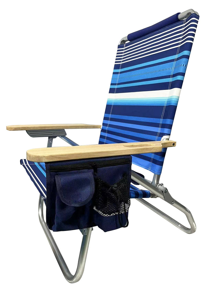 Beachkit Beach Bum wide blue striped beach chair with aluminium frame and wooden armrests