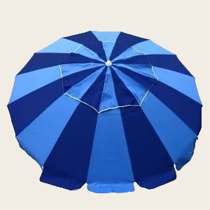 Carnivale 240cm Beach Umbrella in blue with alternating navy panels, featuring a scalloped canopy and fibreglass ribs