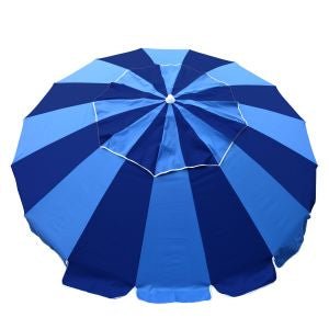 Carnivale Beach Umbrella with built-in Sunraker table in royal and navy blue panels