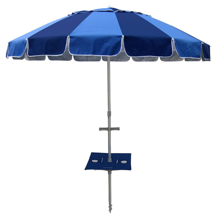 Carnivale 240cm beach umbrella in royal and navy blue with built-in Sunraker table featuring drink, phone, and key holders