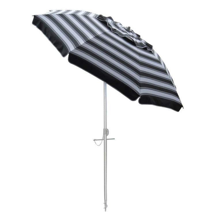 Daytripper Beach Umbrella 210cm black and white striped beach umbrella with lightweight design and twist anchor system.