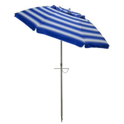 Daytripper 210cm Beach Umbrella in royal and white stripes with twist anchoring system for sand use