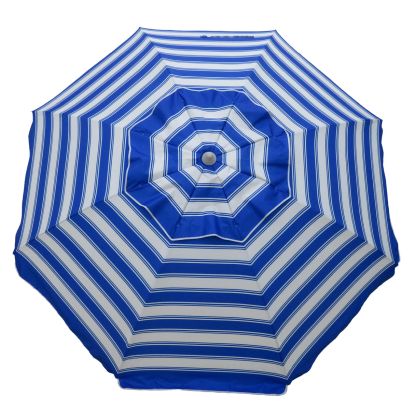 Daytripper 210cm Beach Umbrella in royal blue and white stripes with twist anchor system for secure sandy beach shade