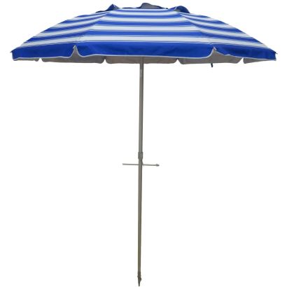 Daytripper 210cm Beach Umbrella in royal and white stripes with twist anchor system for sand use