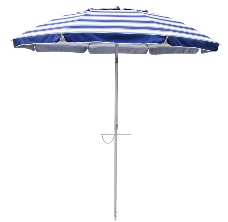 Daytripper 210cm Beach Umbrella with blue and white nautical stripes and twist anchor system