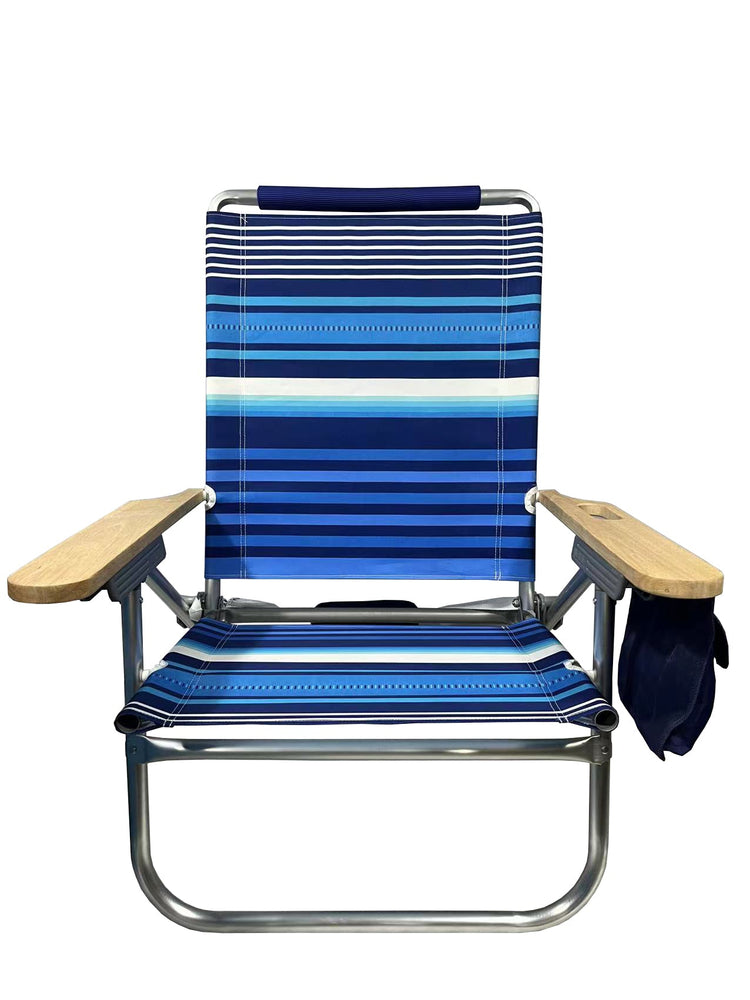 Wide Beach Bum aluminium chair with navy and blue striped fabric, wooden armrests, and a cup holder.