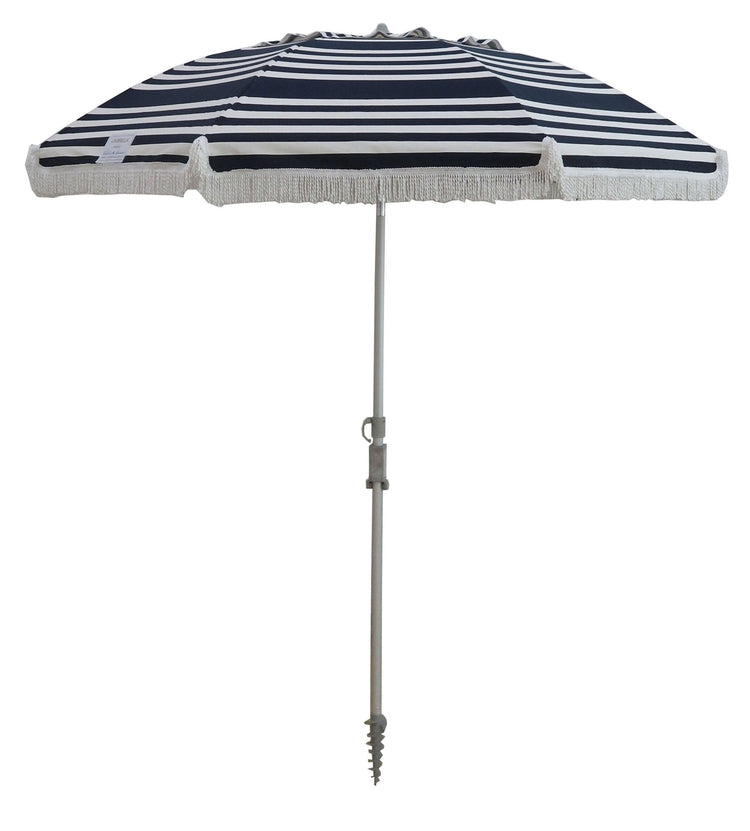 Hollie & Harrie Classic Fringe 210cm navy and white striped cotton beach umbrella with fringe and screw base