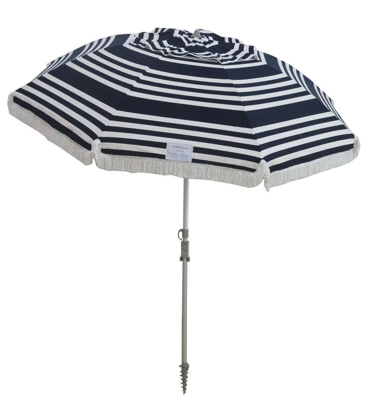 Hollie & Harrie Classic Fringe 210cm striped navy and white canvas beach umbrella with cotton fringe and sturdy pole