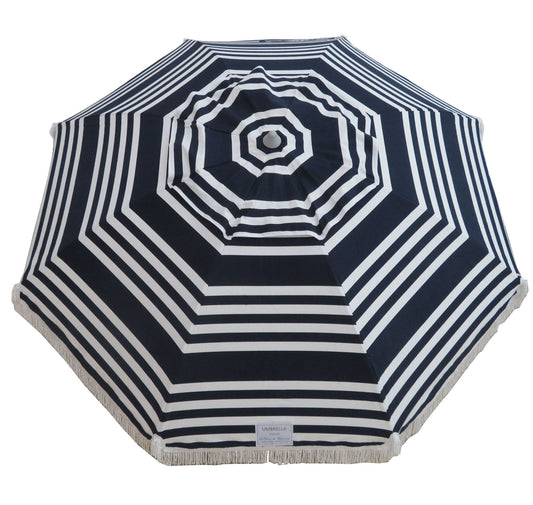 Hollie & Harrie Classic Fringe 210cm navy and white striped beach umbrella with cotton fringe canopy