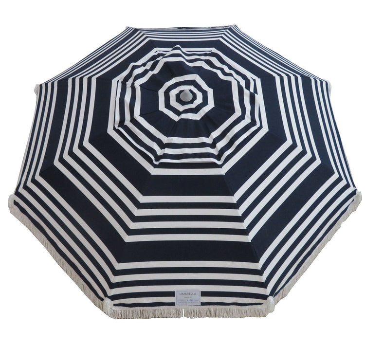 Hollie & Harrie Classic Fringe 210cm navy and white striped beach umbrella with cotton fringe canopy