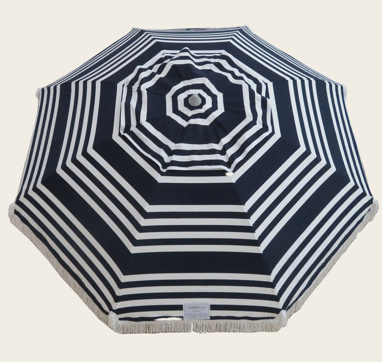 Hollie & Harrie Classic Fringe 210cm navy and white striped beach umbrella with cotton fringe canopy