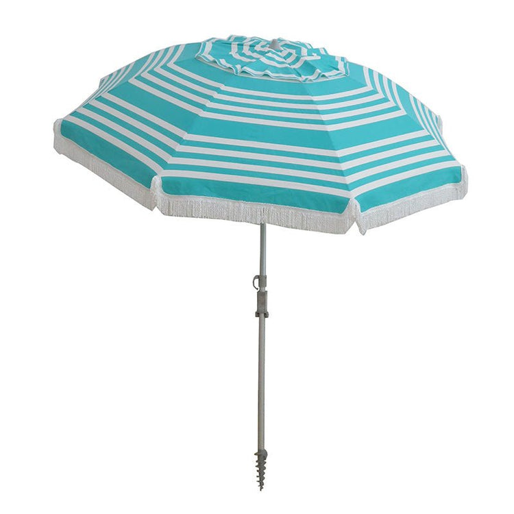 Hollie & Harrie 210cm Fringe Beach Umbrella in turquoise iridescent stripe with cotton fringe and UPF50+ canopy