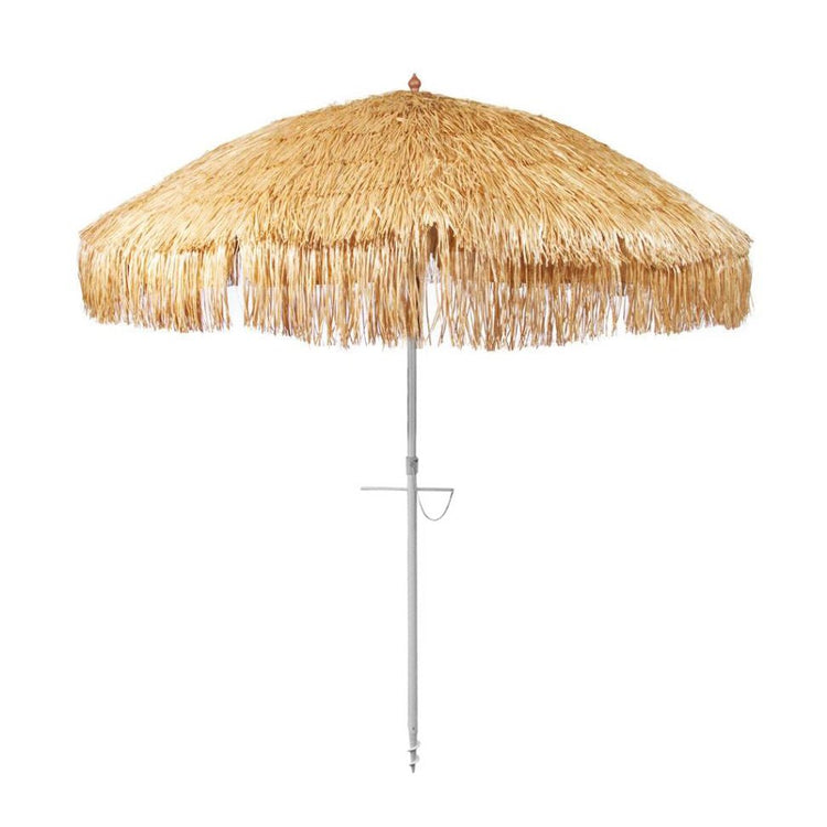 Hula 210cm Beach Umbrella with raffia thatch canopy, anodised pole, quick-twist sand anchor, 3-way tilt, UPF 50+ UV protection, and wind-vented top for beach shade and resort style.