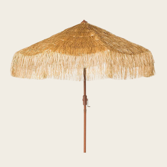 Hula 275cm Market Umbrella with raffia thatch canopy and crank lift system for tropical outdoor shade
