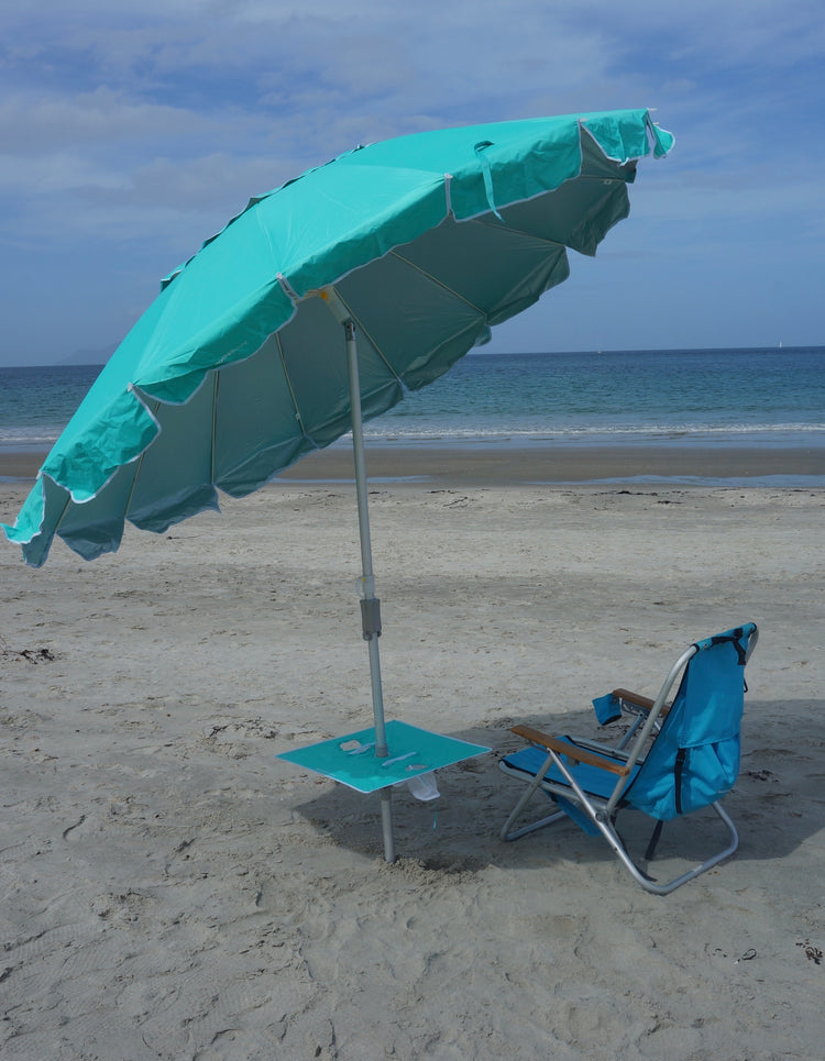 Maxibrella 240cm Beach Umbrella + Sunraker Table - TurquoiseOur gorgeous Maxibrella Beach Umbrella featuring our patented, built-in fold away 'Sunraker' table - a worldwide exclusive to Beachkit.
Its large 240cm diameter canoBeachkit
