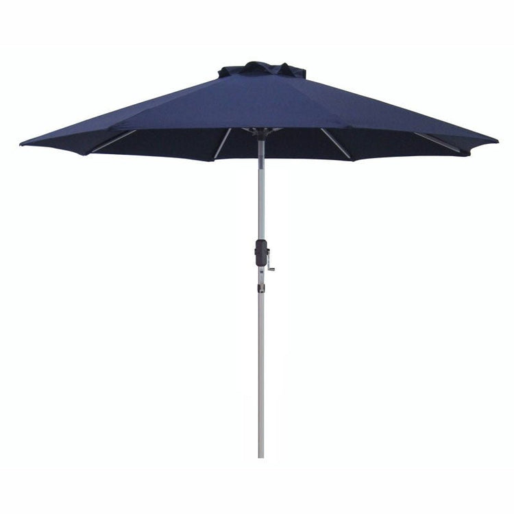 Market 275cm navy shade umbrella with heavy-duty poly-canvas canopy and Aluma-Pro frame, featuring crank lift and 3-way tilt for outdoor use