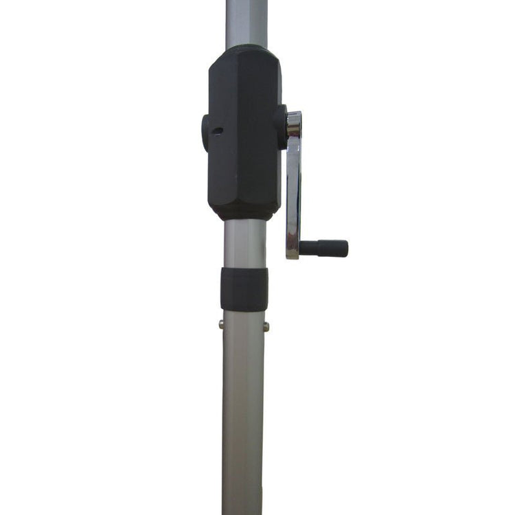 Close-up of crank mechanism on Beige Market 335cm Shade Umbrella with brushed aluminum pole and black handle