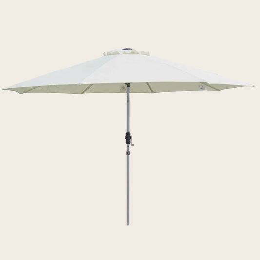 Market 335cm Shade Umbrella in vanilla with commercial-grade Aluma-Pro frame and 300-gram poly-canvas canopy, featuring a wind vent, crank lift, and 3-way tilt.