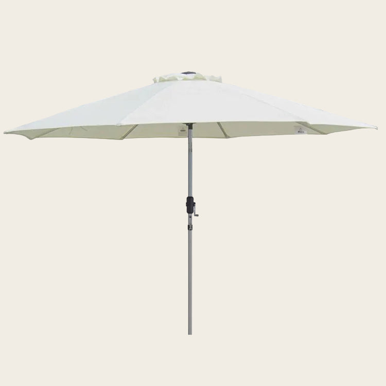 Market 335cm Shade Umbrella in vanilla with commercial-grade Aluma-Pro frame and 300-gram poly-canvas canopy, featuring a wind vent, crank lift, and 3-way tilt.