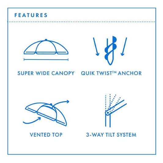 Maxibrella 240cm Beach Umbrella features super wide canopy, Quik Twist anchor, vented top, and 3-way tilt system in turquoise color
