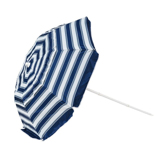 Compact beach umbrella with nautical blue and white stripes, 185cm diameter, lightweight and portable with self-anchoring auger.
