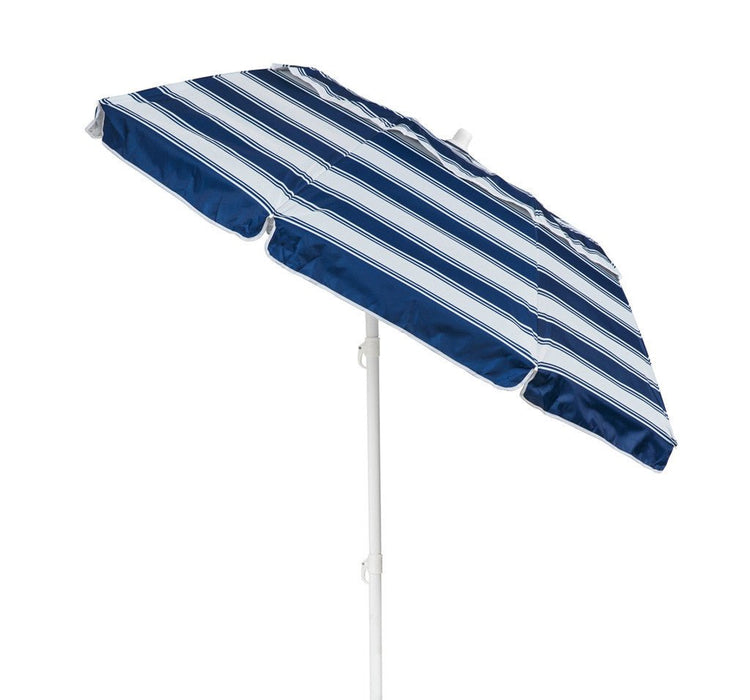 Compact beach umbrella with nautical blue and white stripes, 185cm diameter, lightweight and portable with self-anchoring auger.