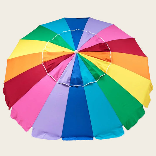 Rainbow 240cm beach umbrella with vibrant rainbow panels, UV protection, and tilt feature