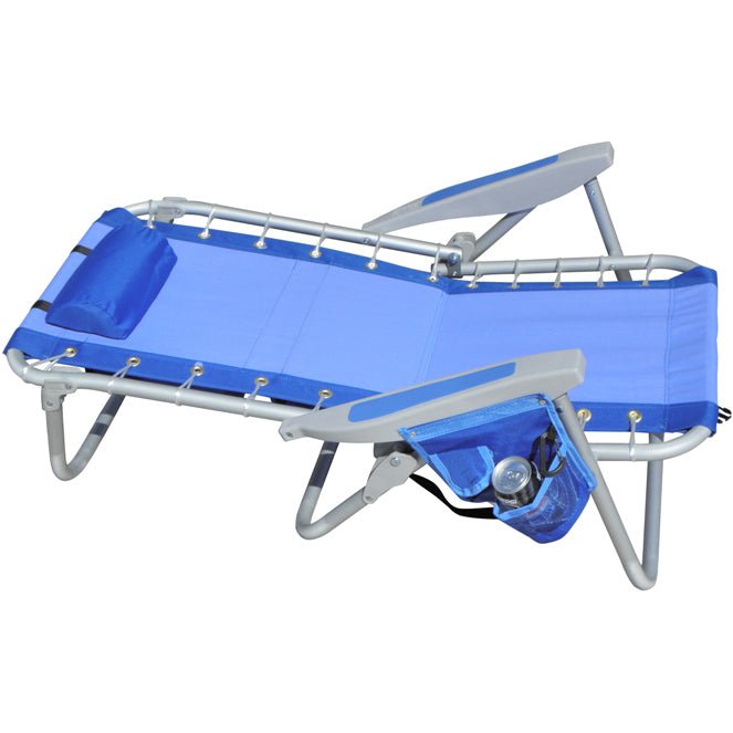 Blue ultimate backpack chair with cooler pocket and adjustable reclining positions