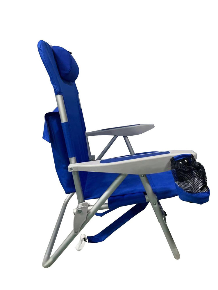 XL 'Big Guy' Aluminium Backpack Chair in royal blue with cooler and cup holder, extra wide seat and recline positions for beach use