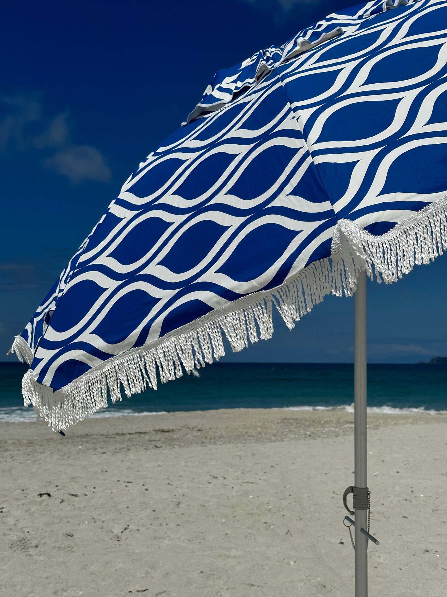 Hollie & Harrie Classic Fringe 210cm Canvas Beach Umbrella - Moroccan Blue