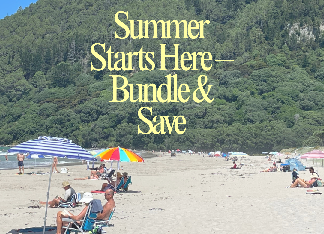 Beach scene with people and umbrellas, promotional text overlay for 'beachkit'.