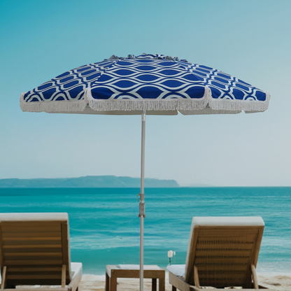 Hollie & Harrie Classic Fringe 210cm Canvas Beach Umbrella - Moroccan Blue