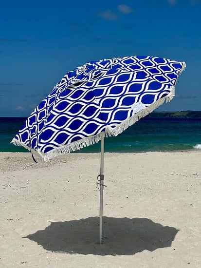 Hollie & Harrie Classic Fringe 210cm Canvas Beach Umbrella - Moroccan Blue - Beachkit