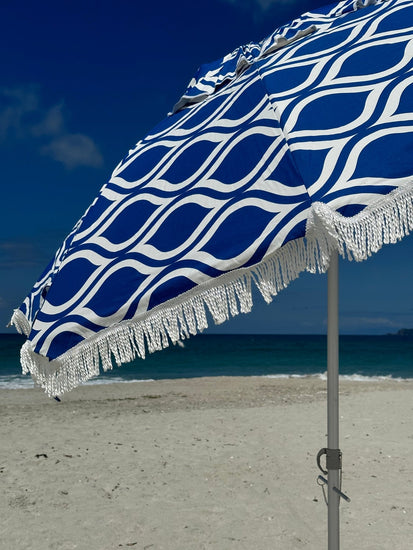 Hollie & Harrie Classic Fringe 210cm Canvas Beach Umbrella - Moroccan Blue - Beachkit