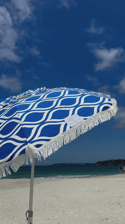 Hollie & Harrie Classic Fringe 210cm Canvas Beach Umbrella - Moroccan Blue