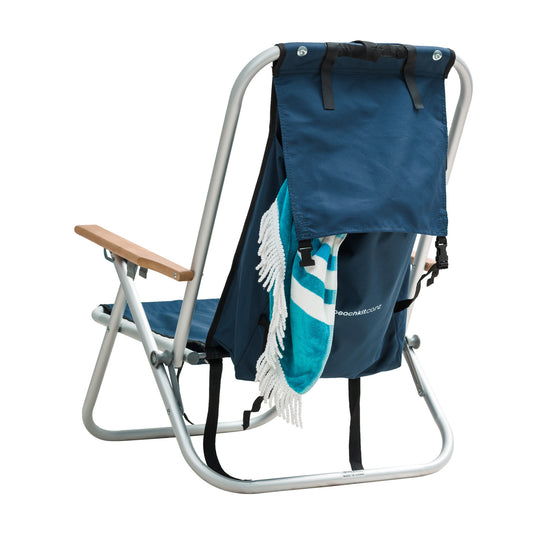 Wearever Backpack Chair - NavyOur top quality Wearever Backpack Chair combines the concept of a backpack and a high back chair all in one, creating an easy to carry lounger.  
The Beachkit WearevBeachkit