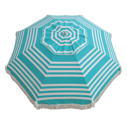 Hollie & Harrie Classic Fringe 210cm Canvas Beach Umbrella - IridescenThe bright and light 'Iridescent Stripe' turquoise colour way conjures thoughts of delightful tropical lagoons, crystal clear waters and afternoon snorkelling adventBeachkit