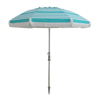 Hollie & Harrie Classic Fringe 210cm Canvas Beach Umbrella - IridescenThe bright and light 'Iridescent Stripe' turquoise colour way conjures thoughts of delightful tropical lagoons, crystal clear waters and afternoon snorkelling adventBeachkit