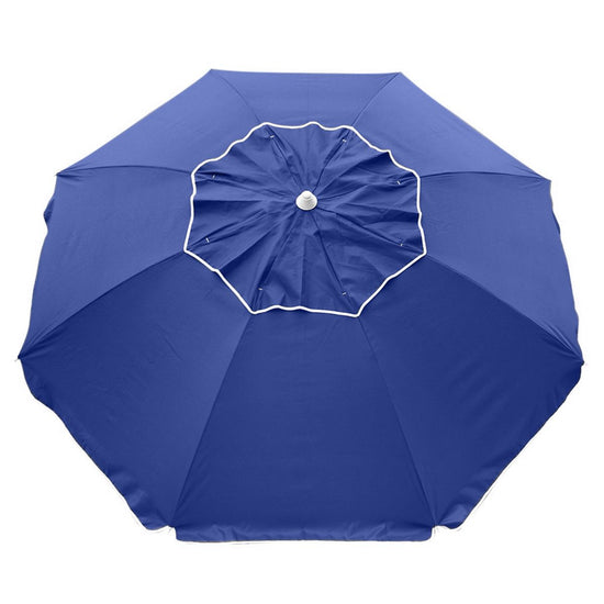 Navy solid color 210cm Beachcomber beach umbrella with twist anchoring system and white trim detailing