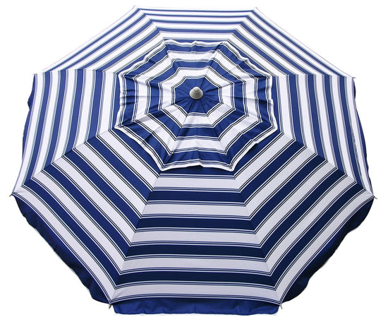 Daytripper 210cm Beach Umbrella in nautical blue and white stripes with twist anchor system for sand use