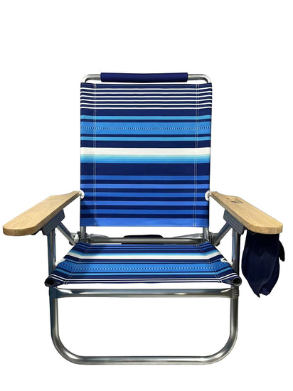 Wide Beach Bum aluminium chair with navy and blue striped fabric, wooden armrests, and a cup holder.