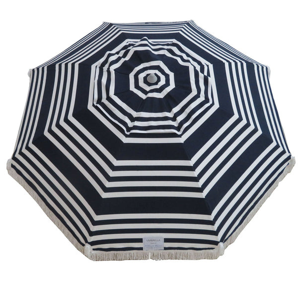 Hollie & Harrie Classic Fringe 210cm navy and white striped beach umbrella with cotton fringe canopy