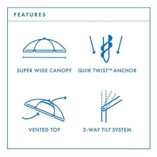 Maxibrella 240cm beach umbrella features super wide canopy, Quik Twist anchor, vented top, and 3-way tilt system 